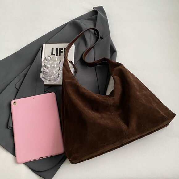 Suede Tote Bag for Women Compact Zipper Crossbody Travel College Purse - Picture 4 of 7